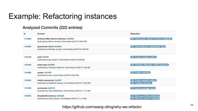 Example: Refactoring instances
56
https://github.com/aserg-ufmg/why-we-refactor
