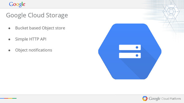 ● Bucket based Object store
● Simple HTTP API
● Object notifications
Google Cloud Storage
