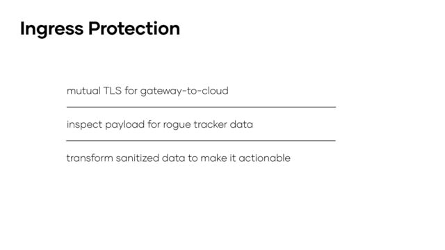 mutual TLS for gateway-to-cloud
transform sanitized data to make it actionable
inspect payload for rogue tracker data
Ingress Protection
