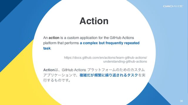 Action
38
An action is a custom application for the GitHub Actions
platform that performs a complex but frequently repeated
task.
https://docs.github.com/en/actions/learn-github-actions/
understanding-github-actions


Action͸ɺGitHub Actions ϓϥοτϑΥʔϜͷͨΊͷΧελϜ
ΞϓϦέʔγϣϯͰɺෳࡶ͕ͩසൟʹ܁Γฦ͞ΕΔλεΫΛ࣮
ߦ͢Δ΋ͷͰ͢ɻ
