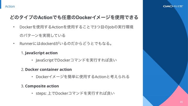Action
45
ͲͷλΠϓͷActionͰ΋೚ҙͷDockerΠϝʔδΛ࢖༻Ͱ͖Δ
• DockerΛ࢖༻͢ΔActionΛ࢖༻͢Δ͜ͱͰ3ͭ໨ͷJobͷ࣮ߦ؀ڥ
ͷύλʔϯΛ࣮ݱ͍ͯ͠Δ


• Runnerʹ͸dockerd͕͍Δͷ͔ͩΒͲ͏ͱͰ΋ͳΔɻ


1. JavaScript action


• JavaScriptͰDockerίϚϯυΛ࣮ߦ͢Ε͹ྑ͍


2. Docker container action


• DockerΠϝʔδΛ؆୯ʹ࢖༻͢ΔActionͱߟ͑ΒΕΔ


3. Composite action


• steps: ্ͰDockerίϚϯυΛ࣮ߦ͢Ε͹ྑ͍
