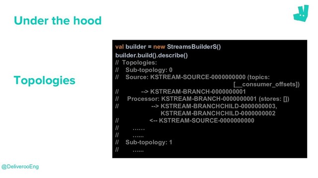 Under the hood
@DeliverooEng
val builder = new StreamsBuilderS()
builder.build().describe()
// Topologies:
// Sub-topology: 0
// Source: KSTREAM-SOURCE-0000000000 (topics:
[__consumer_offsets])
// --> KSTREAM-BRANCH-0000000001
// Processor: KSTREAM-BRANCH-0000000001 (stores: [])
// --> KSTREAM-BRANCHCHILD-0000000003,
KSTREAM-BRANCHCHILD-0000000002
// <-- KSTREAM-SOURCE-0000000000
// ……
// …...
// Sub-topology: 1
// …...
Topologies
