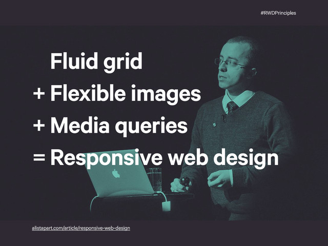 #RWDPrinciples
Fluid grid
Flexible images
Media queries
Responsive web design
alistapart.com/article/responsive-web-design
+
+
=
