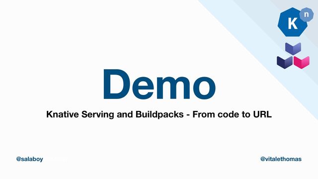 Demo
thomasvitale.com @vitalethomas
@salaboy @vitalethomas
Knative Serving and Buildpacks - From code to URL
