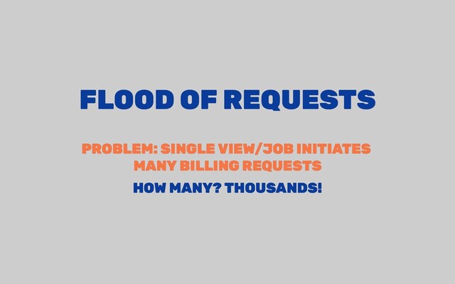 FLOOD OF REQUESTS
FLOOD OF REQUESTS
PROBLEM: SINGLE VIEW/JOB INITIATES
PROBLEM: SINGLE VIEW/JOB INITIATES
MANY BILLING REQUESTS
MANY BILLING REQUESTS
HOW MANY? THOUSANDS!
HOW MANY? THOUSANDS!
