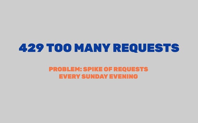 429 TOO MANY REQUESTS
429 TOO MANY REQUESTS
PROBLEM: SPIKE OF REQUESTS
PROBLEM: SPIKE OF REQUESTS
EVERY SUNDAY EVENING
EVERY SUNDAY EVENING
