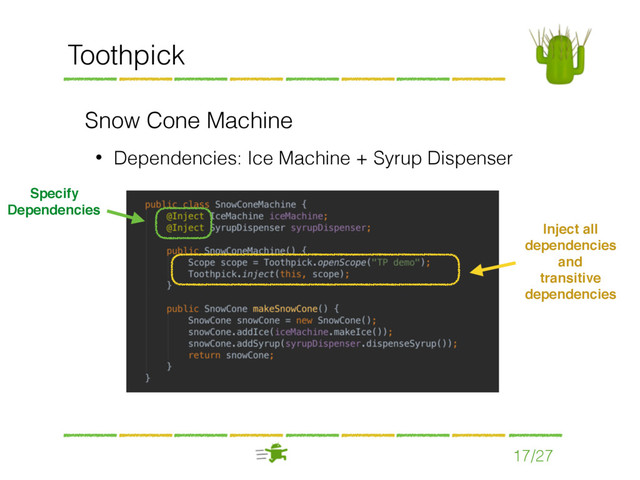 Toothpick
Snow Cone Machine
• Dependencies: Ice Machine + Syrup Dispenser
17/27
Specify
Dependencies
Inject all
dependencies
and
transitive
dependencies
