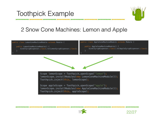 22/27
Toothpick Example
2 Snow Cone Machines: Lemon and Apple
