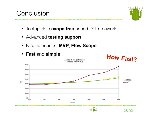 26/27
Conclusion
• Toothpick is scope tree based DI framework
• Advanced testing support
• Nice scenarios: MVP, Flow Scope, …
• Fast and simple How Fast?
