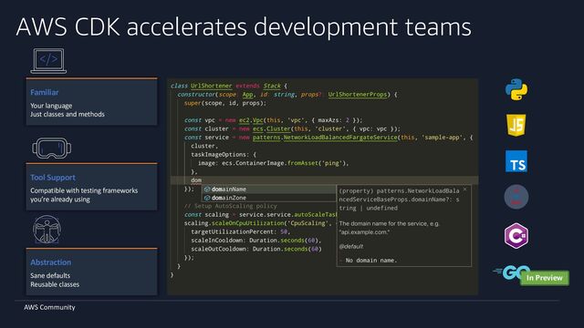 AWS Community
AWS CDK accelerates development teams
In Preview
Familiar
Your language
Just classes and methods
Tool Support
Compatible with testing frameworks
you’re already using
Abstraction
Sane defaults
Reusable classes

