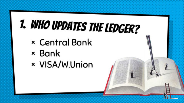 1. Who updates the ledger?
× Central Bank
× Bank
× VISA/W.Union
