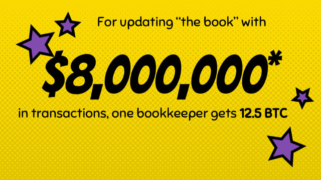 $8,000,000*
in transactions, one bookkeeper gets 12.5 BTC
For updating “the book” with
