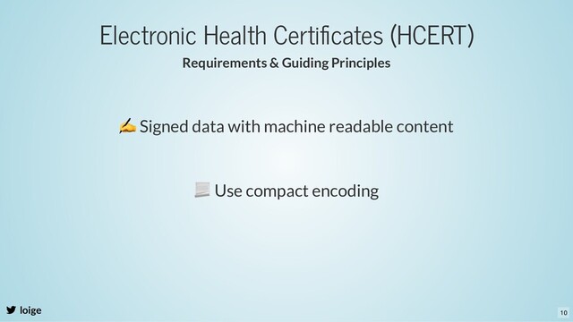 Electronic Health Certiﬁcates (HCERT)
Requirements & Guiding Principles
loige
✍ Signed data with machine readable content
📃 Use compact encoding
10
