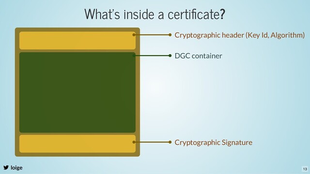 What's inside a certiﬁcate?
loige
DGC container
Cryptographic header (Key Id, Algorithm)
Cryptographic Signature
13

