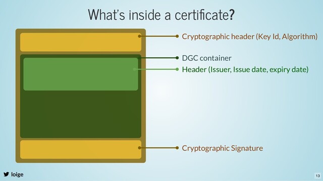 What's inside a certiﬁcate?
loige
DGC container
Cryptographic header (Key Id, Algorithm)
Cryptographic Signature
Header (Issuer, Issue date, expiry date)
13
