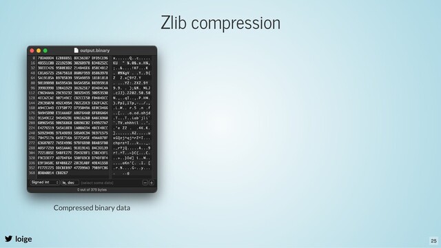 Zlib compression
loige
Compressed binary data
25
