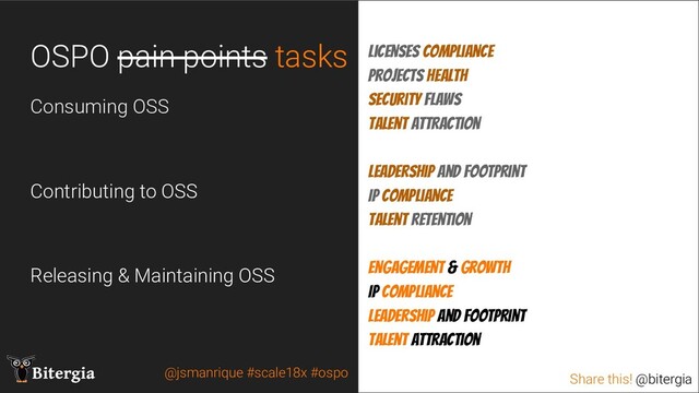 Share this! @bitergia
Bitergia Share this! @bitergia
OSPO pain points tasks
Consuming OSS
Contributing to OSS
Releasing & Maintaining OSS
Licenses compliance
Projects health
Security flaws
Talent attraction
Leadership and footprint
IP compliance
Talent retention
Engagement & Growth
IP Compliance
Leadership and footprint
Talent attraction
@jsmanrique #scale18x #ospo
