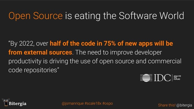 Share this! @bitergia
Bitergia
Open Source is eating the Software World
“By 2022, over half of the code in 75% of new apps will be
from external sources. The need to improve developer
productivity is driving the use of open source and commercial
code repositories”
@jsmanrique #scale18x #ospo
