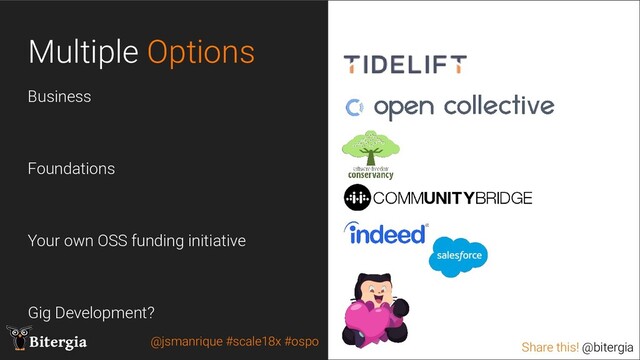 Share this! @bitergia
Bitergia Share this! @bitergia
Multiple Options
Business
Foundations
Your own OSS funding initiative
Gig Development?
@jsmanrique #scale18x #ospo
