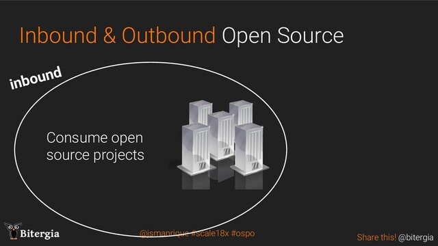 Share this! @bitergia
Bitergia @jsmanrique #scale18x #ospo
Inbound & Outbound Open Source
inbound
Consume open
source projects
