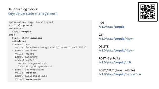 apiVersion: dapr.io/v1alpha1
kind: Component
metadata:
name: corpdb
spec:
type: state.mongodb
metadata:
- name: host
value: headless.mongo.svc.cluster.local:27017
- name: username
value: user1
- name: password
secretKeyRef:
name: mongo-secret
key: mongodb-password
- name: databaseName
value: orders
- name: collectionName
value: processed
POST
/v1.0/state/corpdb
GET
/v1.0/state/corpdb/
DELETE
/v1.0/state/corpdb/
POST (Get bulk)
/v1.0/state/corpdb/bulk
POST / PUT (Save multiple)
/v1.0/state/corpdb/transaction
Key/value state management
Dapr building blocks
