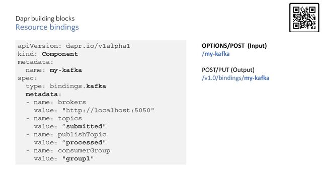 apiVersion: dapr.io/v1alpha1
kind: Component
metadata:
name: my-kafka
spec:
type: bindings.kafka
metadata:
- name: brokers
value: "http://localhost:5050"
- name: topics
value: ”submitted"
- name: publishTopic
value: ”processed"
- name: consumerGroup
value: "group1"
OPTIONS/POST (Input)
/my-kafka
POST/PUT (Output)
/v1.0/bindings/my-kafka
Resource bindings
Dapr building blocks
