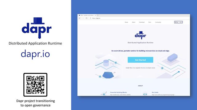 Distributed Application Runtime
dapr.io
Dapr project transitioning
to open governance
