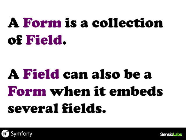 A Form is a collection
of Field.
A Field can also be a
Form when it embeds
several fields.
