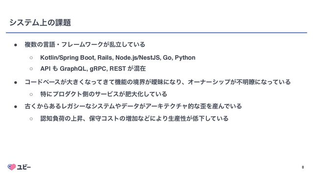 8
● ෳ਺ͷݴޠɾϑϨʔϜϫʔΫ͕ཚཱ͍ͯ͠Δ
○ Kotlin/Spring Boot, Rails, Node.js/NestJS, Go, Python
○ API ΋ GraphQL, gRPC, REST ͕ࠞࡏ
● ίʔυϕʔε͕େ͖͘ͳ͖ͬͯͯػೳͷڥք͕ᐆດʹͳΓɺΦʔφʔγοϓ͕ෆ໌ྎʹͳ͍ͬͯΔ
○ ಛʹϓϩμΫτଆͷαʔϏε͕ංେԽ͍ͯ͠Δ
● ݹ͔͘Β͋ΔϨΨγʔͳγεςϜ΍σʔλ͕ΞʔΩςΫνϟతͳ࿪Λ࢈ΜͰ͍Δ
○ ೝ஌ෛՙͷ্ঢɺอकίετͷ૿ՃͳͲʹΑΓੜ࢈ੑ͕௿Լ͍ͯ͠Δ
γεςϜ্ͷ՝୊
