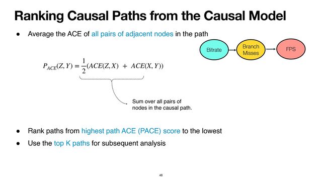 48
Ranking Causal Paths from the Causal Model
● Average the ACE of all pairs of adjacent nodes in the path
● Rank paths from highest path ACE (PACE) score to the lowest
● Use the top K paths for subsequent analysis
Sum over all pairs of
nodes in the causal path.
PACE
(Z, Y) =
1
2
(ACE(Z, X) + ACE(X, Y))
Bitrate
Branch


Misses
FPS
