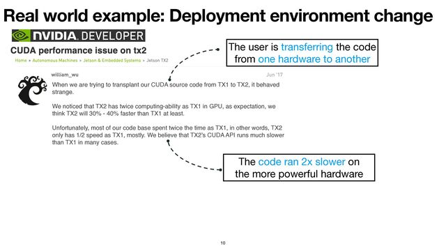 Real world example: Deployment environment change
10
When we are trying to transplant our CUDA source code from TX1 to TX2, it behaved
strange.
We noticed that TX2 has twice computing-ability as TX1 in GPU, as expectation, we
think TX2 will 30% - 40% faster than TX1 at least.
Unfortunately, most of our code base spent twice the time as TX1, in other words, TX2
only has 1/2 speed as TX1, mostly. We believe that TX2’s CUDA API runs much slower
than TX1 in many cases.
The user is transferring the code
from one hardware to another
The code ran 2x slower on 

the more powerful hardware
