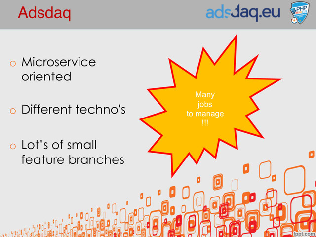 Adsdaq
o Microservice
oriented
o Different techno's
o Lot’s of small
feature branches
Many
jobs
to manage
!!!
