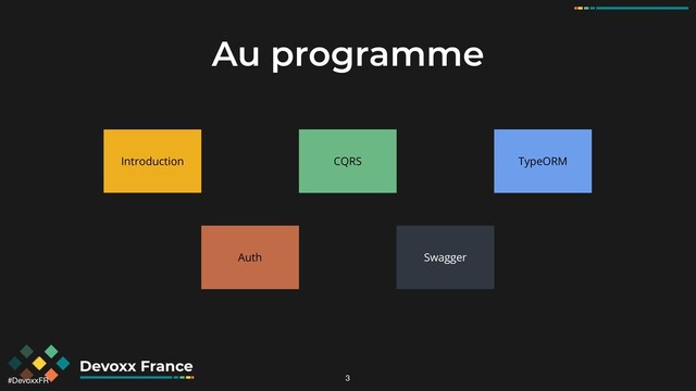 #DevoxxFR
Au programme
3
Introduction
Auth
CQRS TypeORM
Swagger
