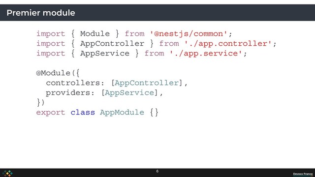 Premier module
import { Module } from '@nestjs/common';
import { AppController } from './app.controller';
import { AppService } from './app.service';
@Module({
controllers: [AppController],
providers: [AppService],
})
export class AppModule {}
6
