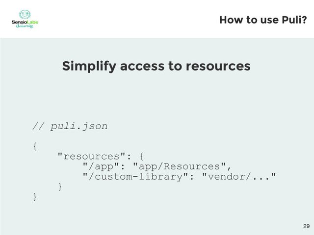// puli.json
{
"resources": {
"/app": "app/Resources",
"/custom-library": "vendor/..."
}
}
Simplify access to resources
How to use Puli?
