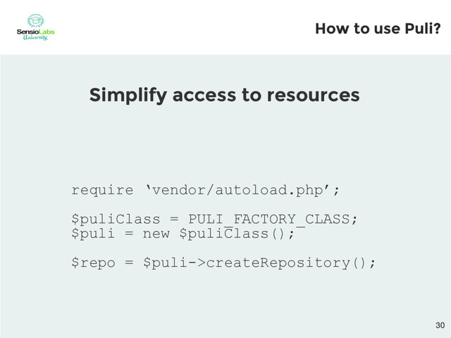 require ‘vendor/autoload.php’;
$puliClass = PULI_FACTORY_CLASS;
$puli = new $puliClass();
$repo = $puli->createRepository();
Simplify access to resources
How to use Puli?
