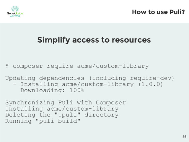 $ composer require acme/custom-library
Updating dependencies (including require-dev)
- Installing acme/custom-library (1.0.0)
Downloading: 100%
Synchronizing Puli with Composer
Installing acme/custom-library
Deleting the ".puli" directory
Running "puli build"
Simplify access to resources
How to use Puli?
