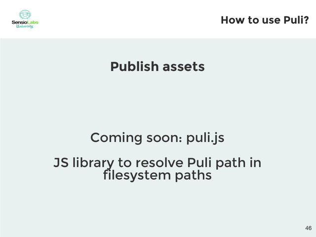 Coming soon: puli.js
JS library to resolve Puli path in
filesystem paths
Publish assets
How to use Puli?

