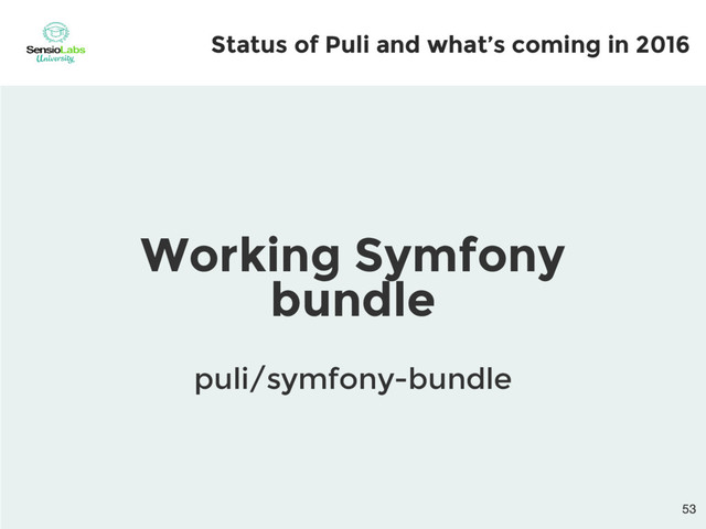 Working Symfony
bundle
puli/symfony-bundle
Status of Puli and what’s coming in 2016
