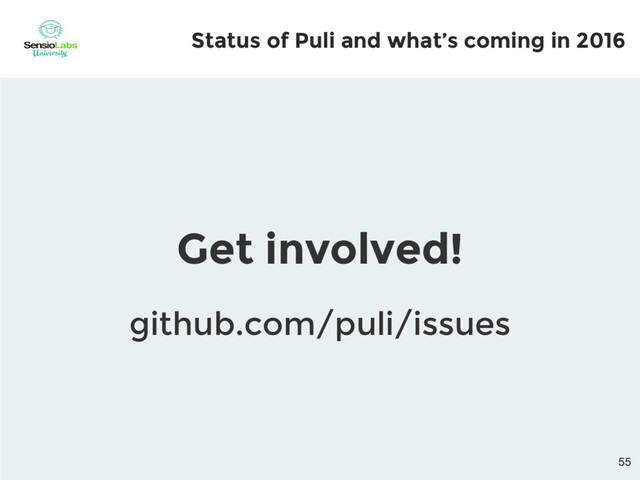 Get involved!
github.com/puli/issues
Status of Puli and what’s coming in 2016
