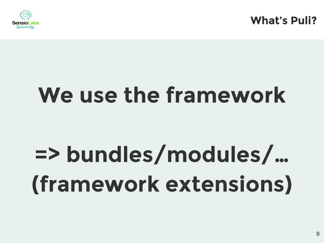What’s Puli?
We use the framework
=> bundles/modules/…
(framework extensions)

