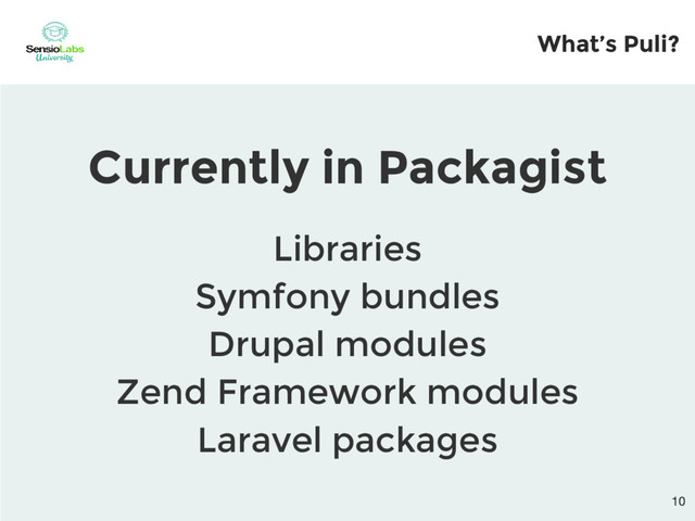Currently in Packagist
Libraries
Symfony bundles
Drupal modules
Zend Framework modules
Laravel packages
What’s Puli?
