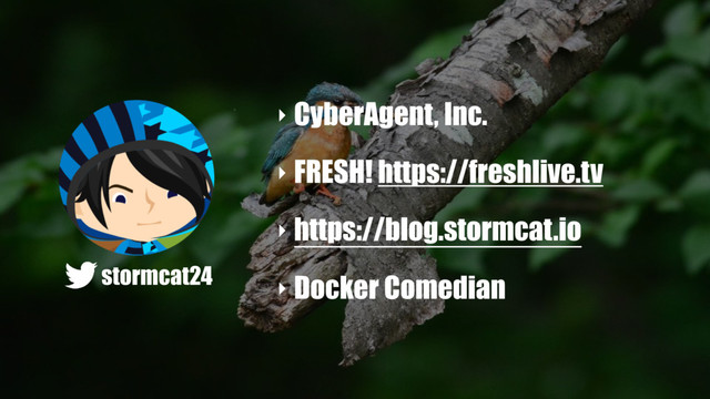 stormcat24
‣ CyberAgent, Inc.
‣ FRESH! https://freshlive.tv
‣ https://blog.stormcat.io
‣ Docker Comedian
