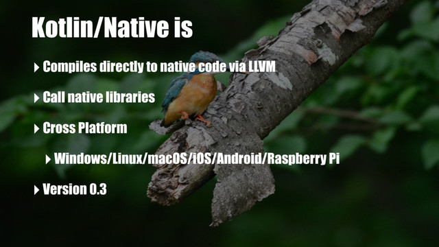 Kotlin/Native is
‣Compiles directly to native code via LLVM
‣Call native libraries
‣Cross Platform
‣Windows/Linux/macOS/iOS/Android/Raspberry Pi
‣Version 0.3
