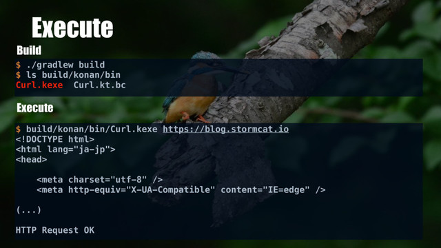 Execute
Build
Execute
$ ./gradlew build
$ ls build/konan/bin
Curl.kexe Curl.kt.bc
$ build/konan/bin/Curl.kexe https://blog.stormcat.io





(...)
HTTP Request OK
