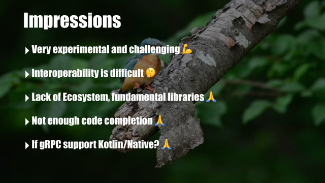 Impressions
‣Very experimental and challenging 
‣Interoperability is difficult 
‣Lack of Ecosystem, fundamental libraries 
‣Not enough code completion 
‣If gRPC support Kotlin/Native? 
