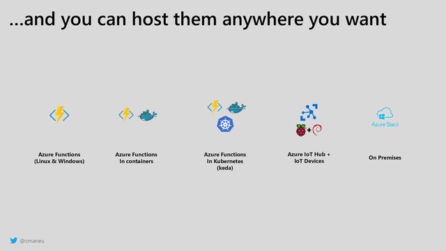 @cmaneu
…and you can host them anywhere you want
Azure Functions
(Linux & Windows)
Azure Functions
In containers
Azure Functions
In Kubernetes
(keda)
Azure IoT Hub +
IoT Devices
On Premises
