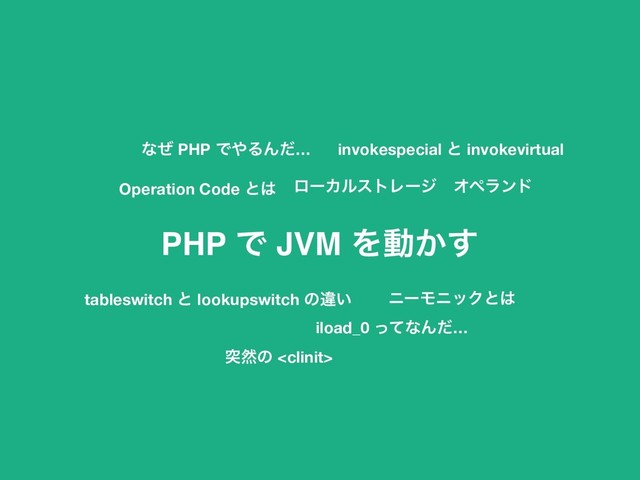 PHP Ͱ JVM Λಈ͔͢
χʔϞχοΫͱ͸
Operation Code ͱ͸
iload_0 ͬͯͳΜͩ…
tableswitch ͱ lookupswitch ͷҧ͍
Φϖϥϯυ
ϩʔΧϧετϨʔδ
invokespecial ͱ invokevirtual
ಥવͷ 
ͳͥ PHP Ͱ΍ΔΜͩ…
