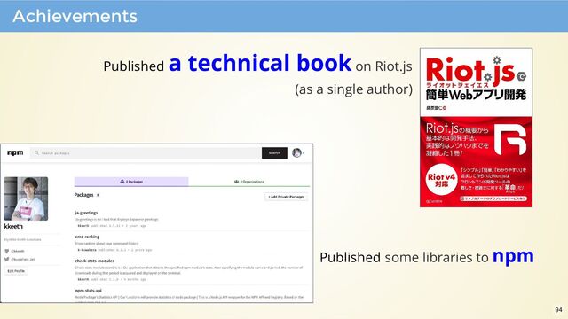 Published a technical book on Riot.js
(as a single author)
Published some libraries to npm
Achievements
94
