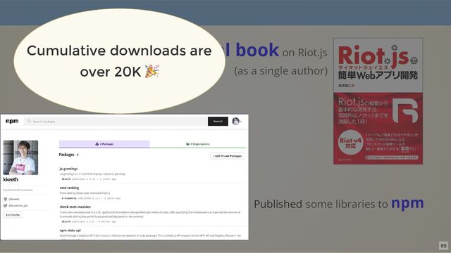 Published some libraries to npm
Achievements
Published a technical book on Riot.js
(as a single author)
Cumulative downloads are
over 20K
🎉
95
